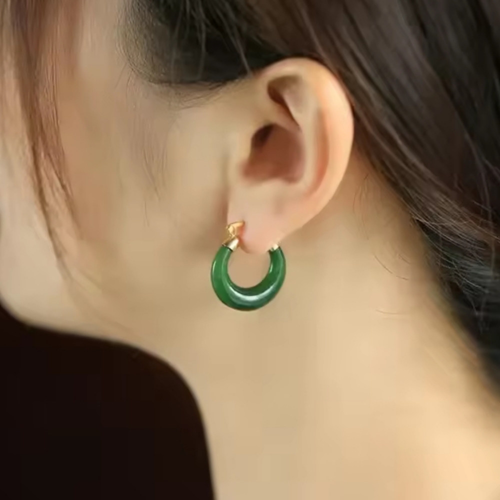 18k Gold Plated Green Jasper Hoop Earrings - Picture 4 of 5
